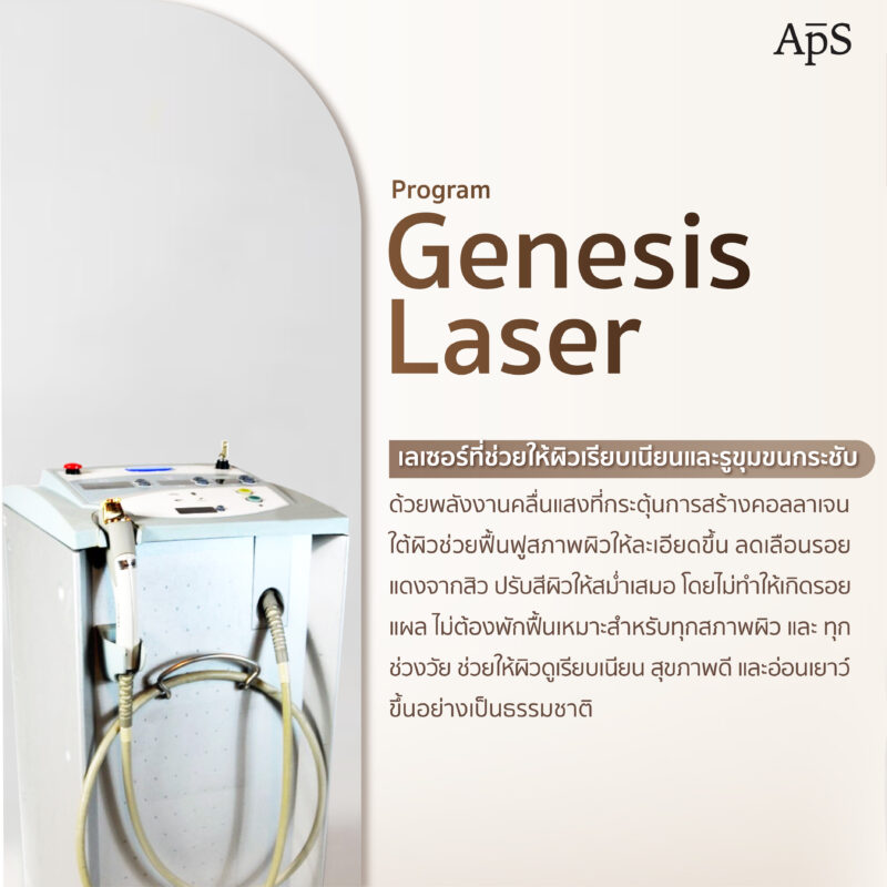 โปรแกรม Ultra Bright Laser เลเซอร์ผิวกระจ่างใส ผสาน 2 พลังเลเซอร์ยอดนิยมในหนึ่งเดียว 4 โปรแกรม Genesis Laser ฟื้นฟูผิวด้วยพลังความร้อนที่อ่อนโยน